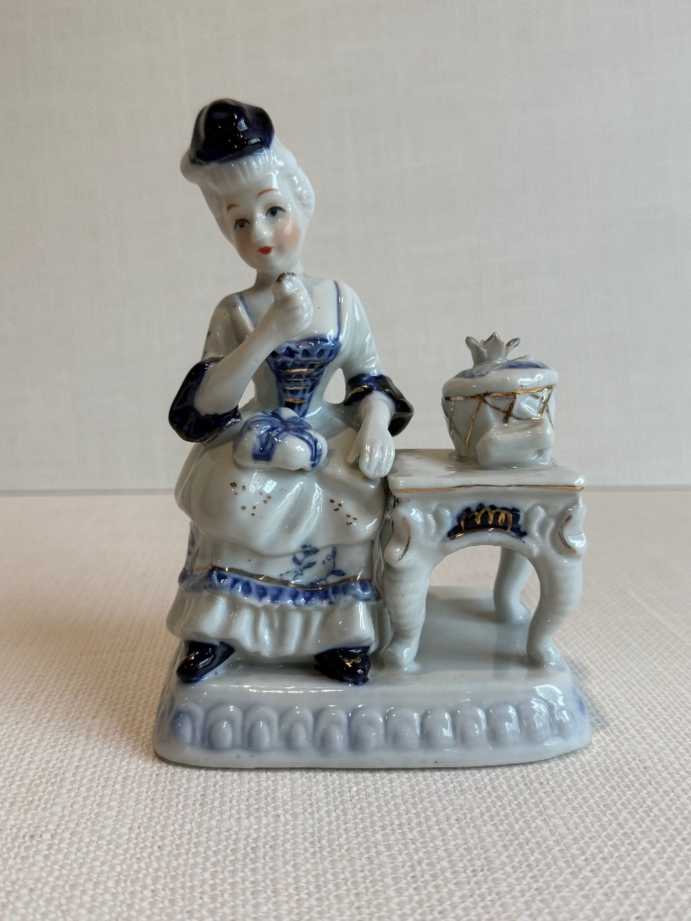 Vintage Blue & White Porcelain Lady Figurine - Victorian Style Hand Painted